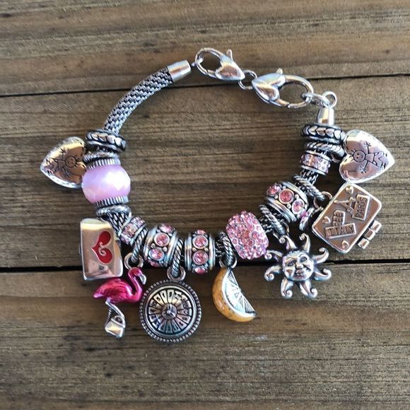 Brighton Pink & Silver Plated Slide Charm Bracelet 17 Charms! EUC - Picture 3 of 14
